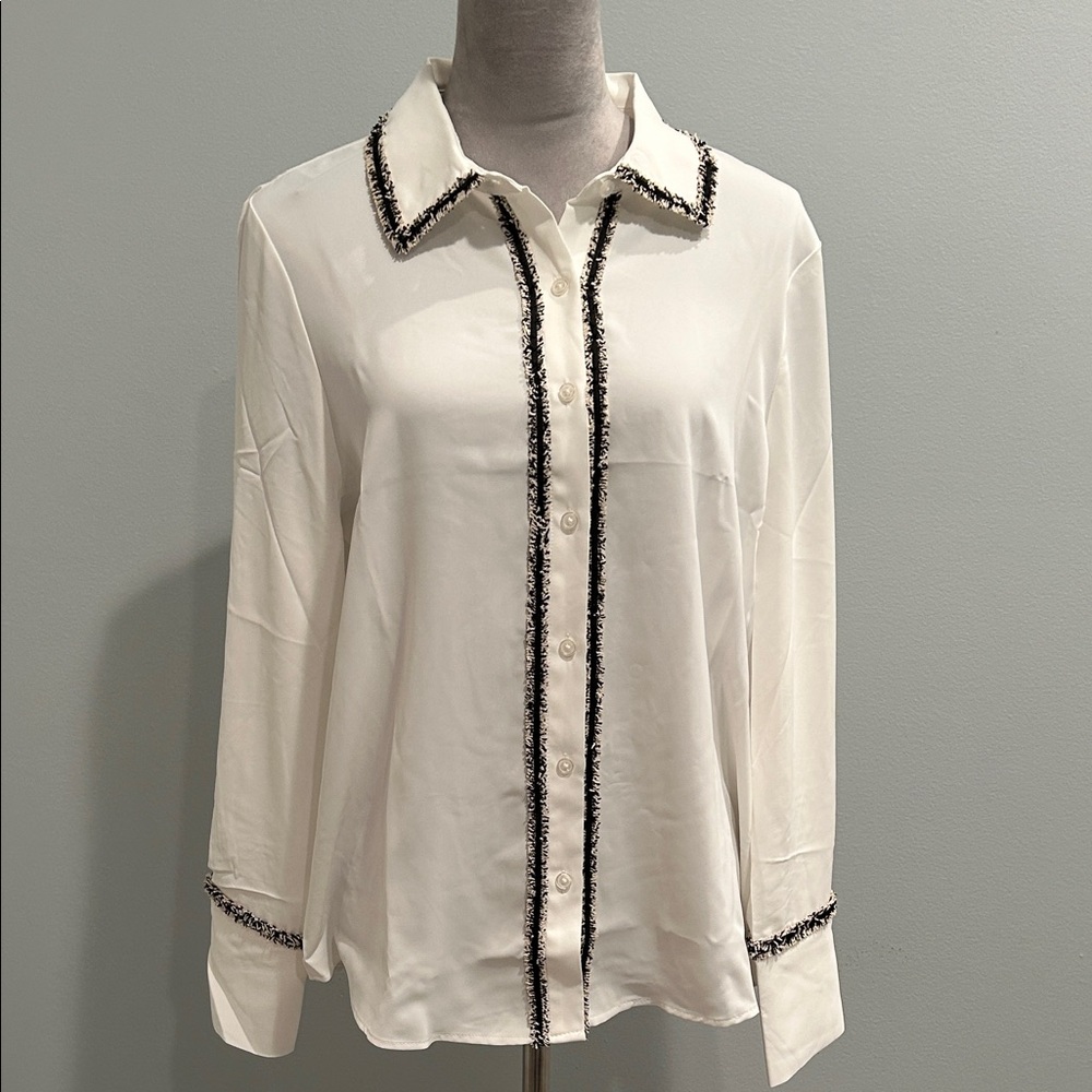 Adrianna Papell Silky Blouse with Fringe Trim